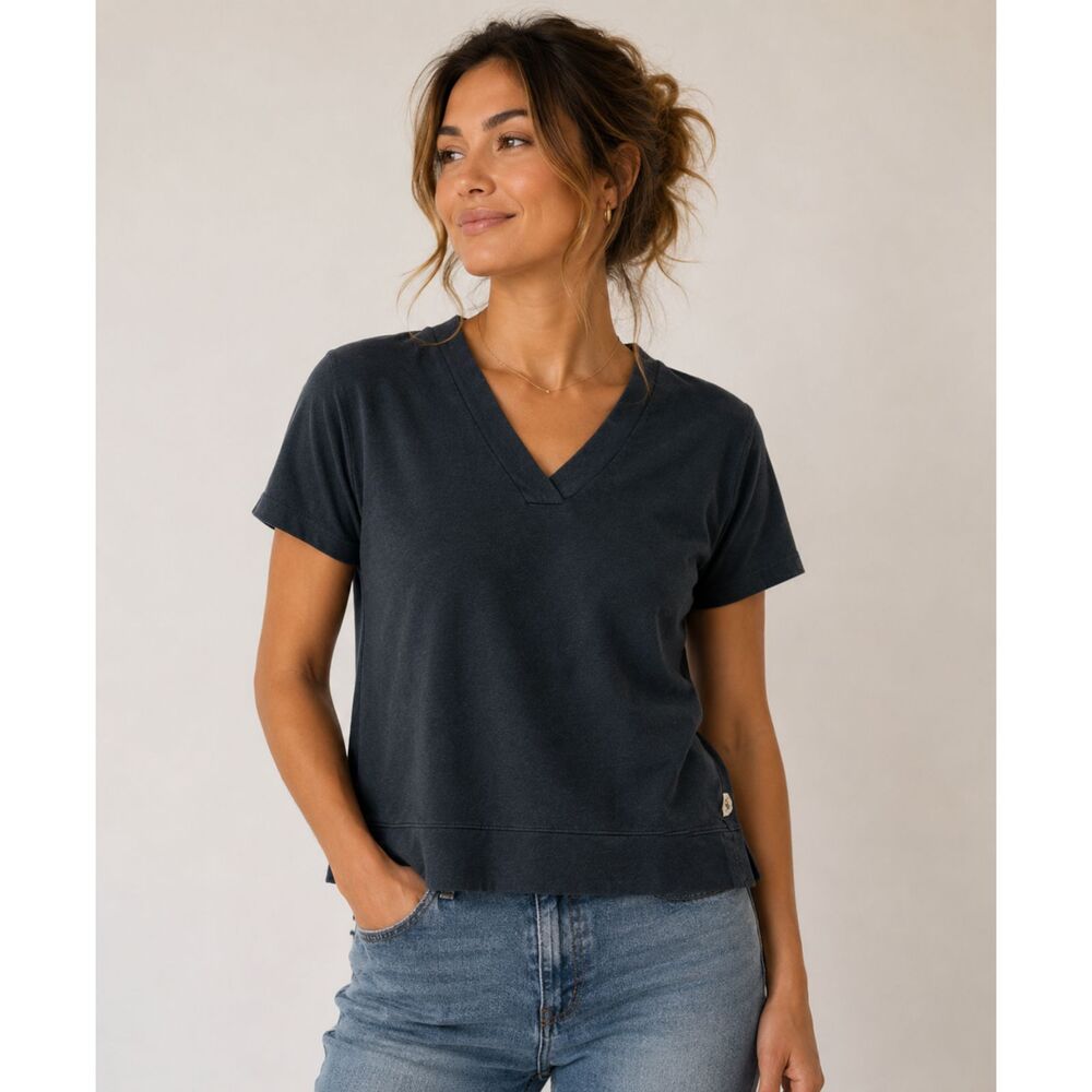 Pact Organic V-Neck Banded Hem Short Sleeve Top Dark Blue Heather Women's XS